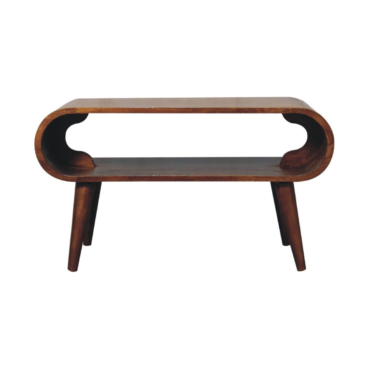 The Solid Wood Open Coffee Table features a mid-century modern design with rounded edges, open sides, a lower shelf, four angled legs, and a smooth dark brown finish.