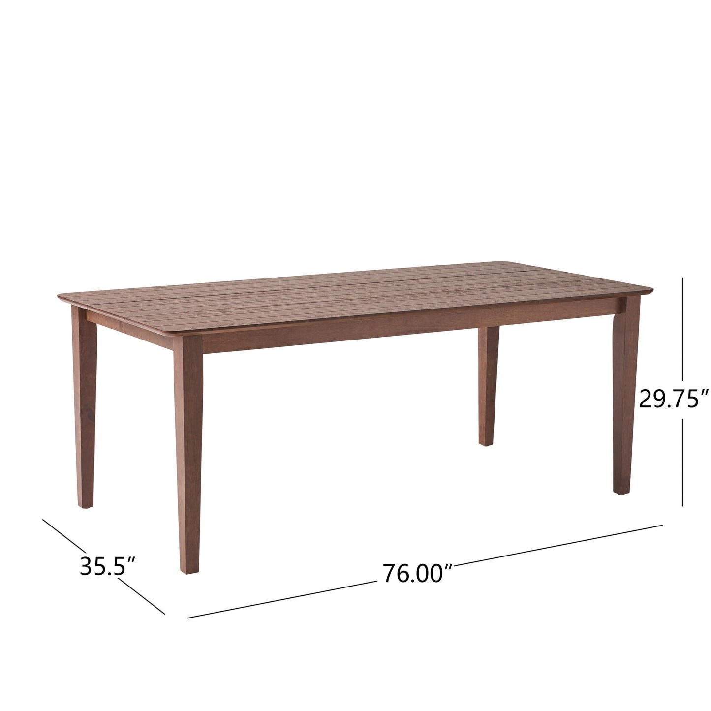 The Farmhouse Charm Dining Table With Square Leg features a simple, classic rectangular wooden design with a medium brown finish, measuring 76"L x 35.5"W x 29.75"H.