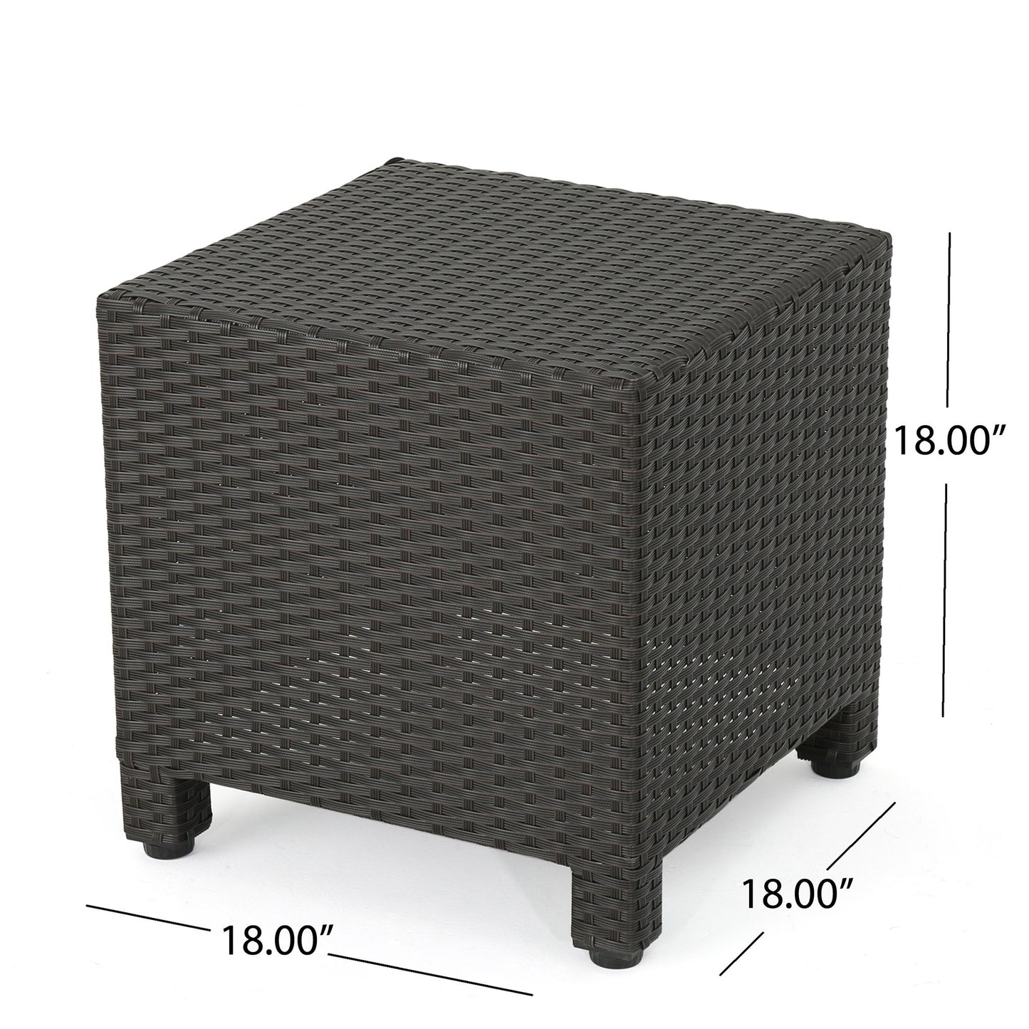 The Puerta Minimalist Style Accent Table is a dark brown, square wicker table with woven design, short legs, and an open space under the tabletop. It measures 18 inches in height, width, and depth.
