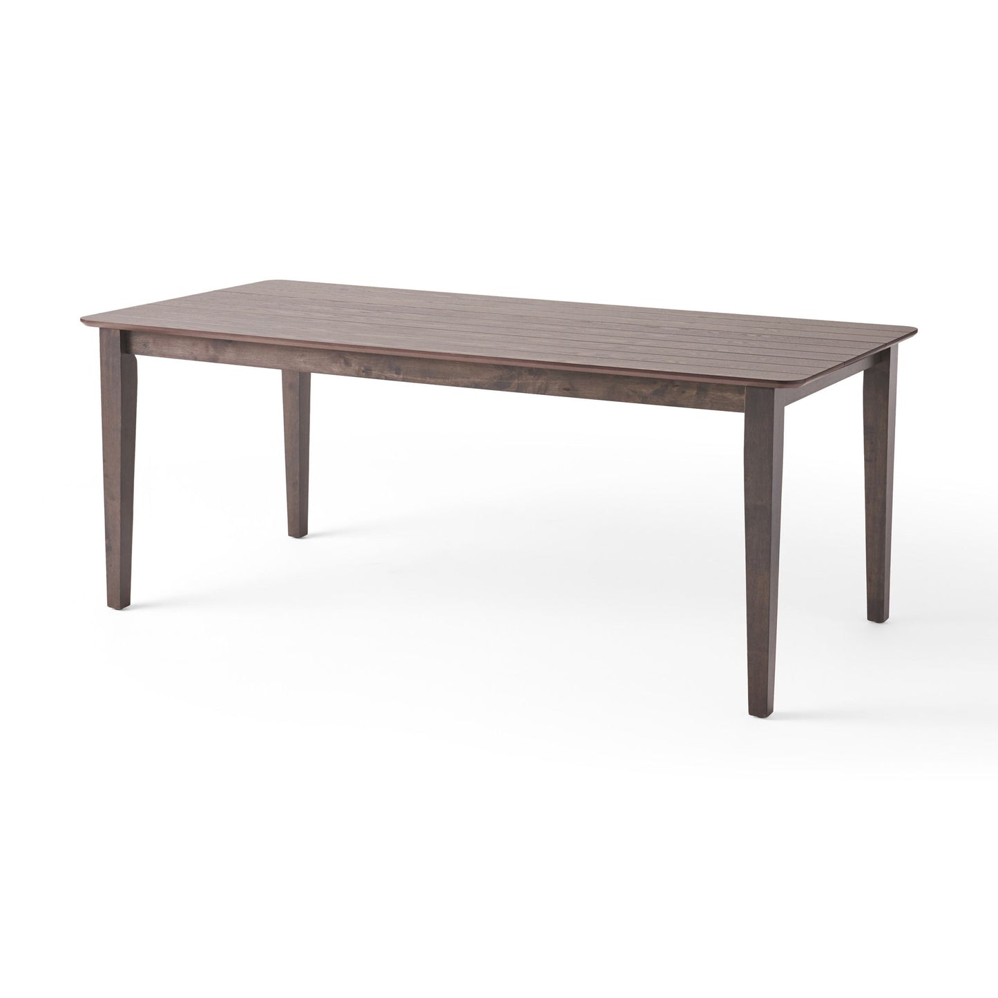 The Farmhouse Charm Dining Table With Square Leg, a rectangular wooden table with a smooth dark brown finish, is shown against a plain white background.