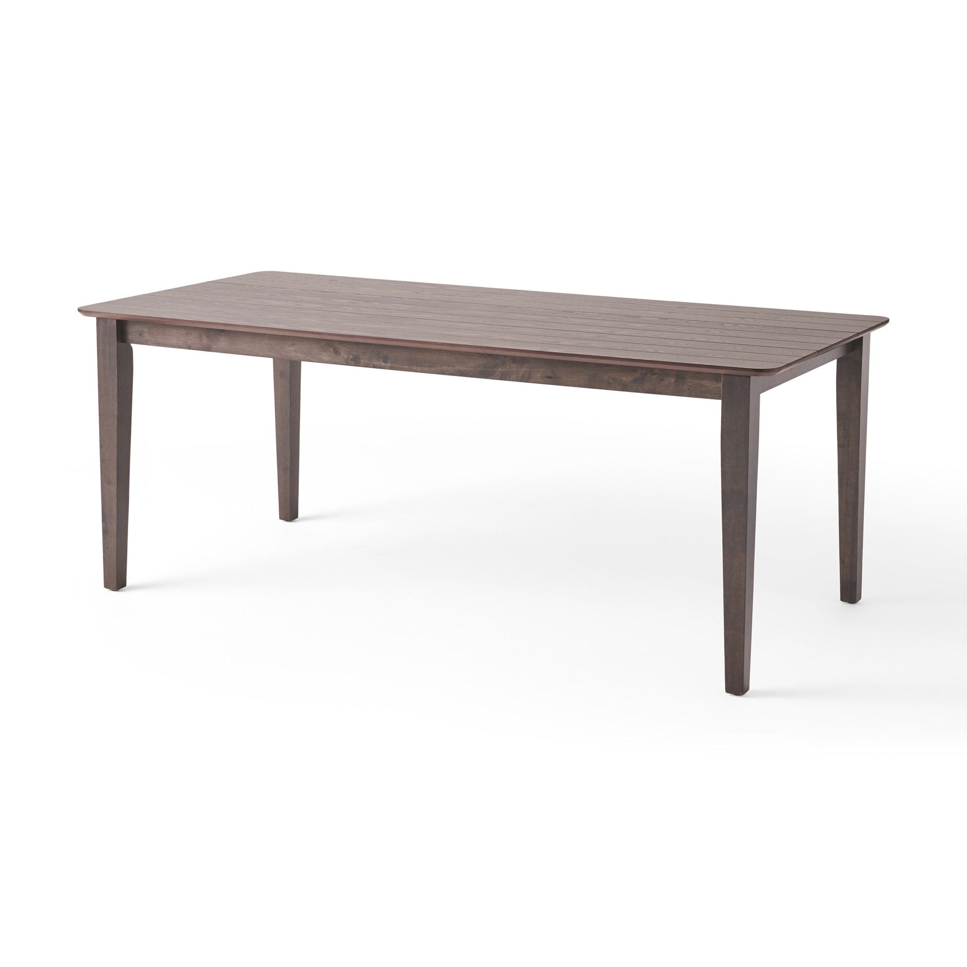 The Farmhouse Charm Dining Table With Square Leg, a rectangular wooden table with a smooth dark brown finish, is shown against a plain white background.