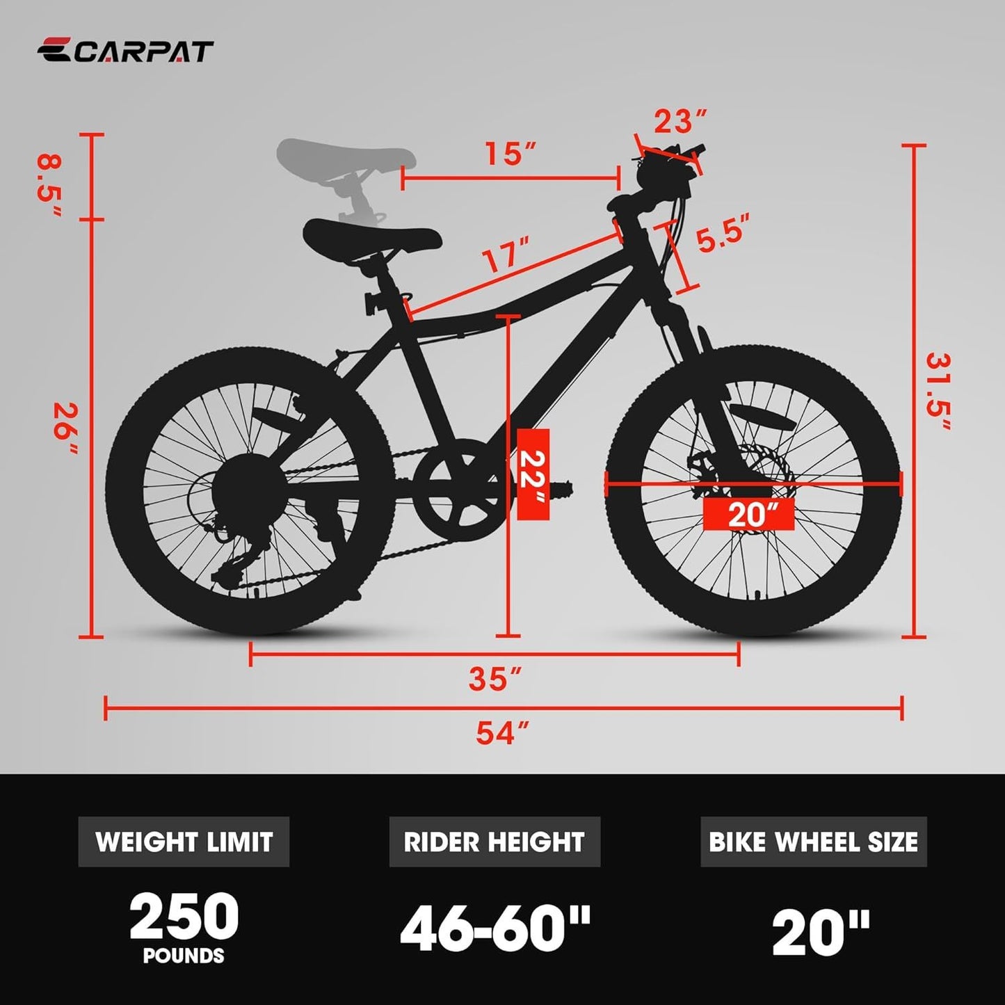 Silhouette of the S20101 20" Kids' Bike with dimensions for lengths, heights, and wheel size. Text below: weight limit 250 lbs, rider height 46-60", wheel size 20". For ages 8-12; features front suspension disc brake and rear V-brake.