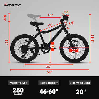Silhouette of the S20101 20" Kids' Bike with dimensions for lengths, heights, and wheel size. Text below: weight limit 250 lbs, rider height 46-60", wheel size 20". For ages 8-12; features front suspension disc brake and rear V-brake.