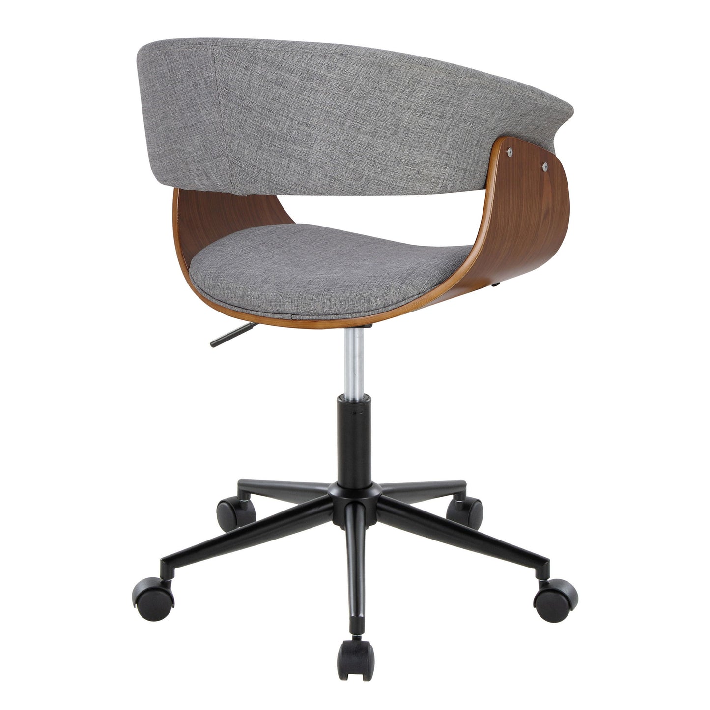 The Vintage Mod - Mid Century Modern Office Chair features a curved wooden backrest, grey upholstered seat and back, black wheeled base, and adjustable height lever, shown from the rear.