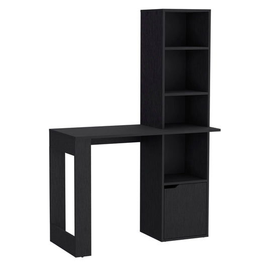 The Writing Desk With Bookcase And Cabinet - Black features a modern design with an attached vertical shelving unit, four open shelves, and a closed storage compartment for workspace and organization.