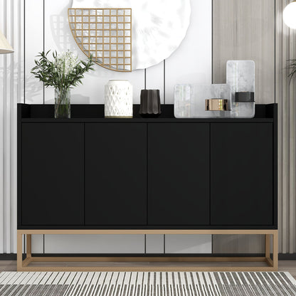 The Modern Sideboard Elegant Buffet Cabinet With Large Storage Space For Dining Room, Entryway features a sleek black finish, light wood base, vase of green and white flowers, decorative accents, and a geometric gold-accented round wall mirror.