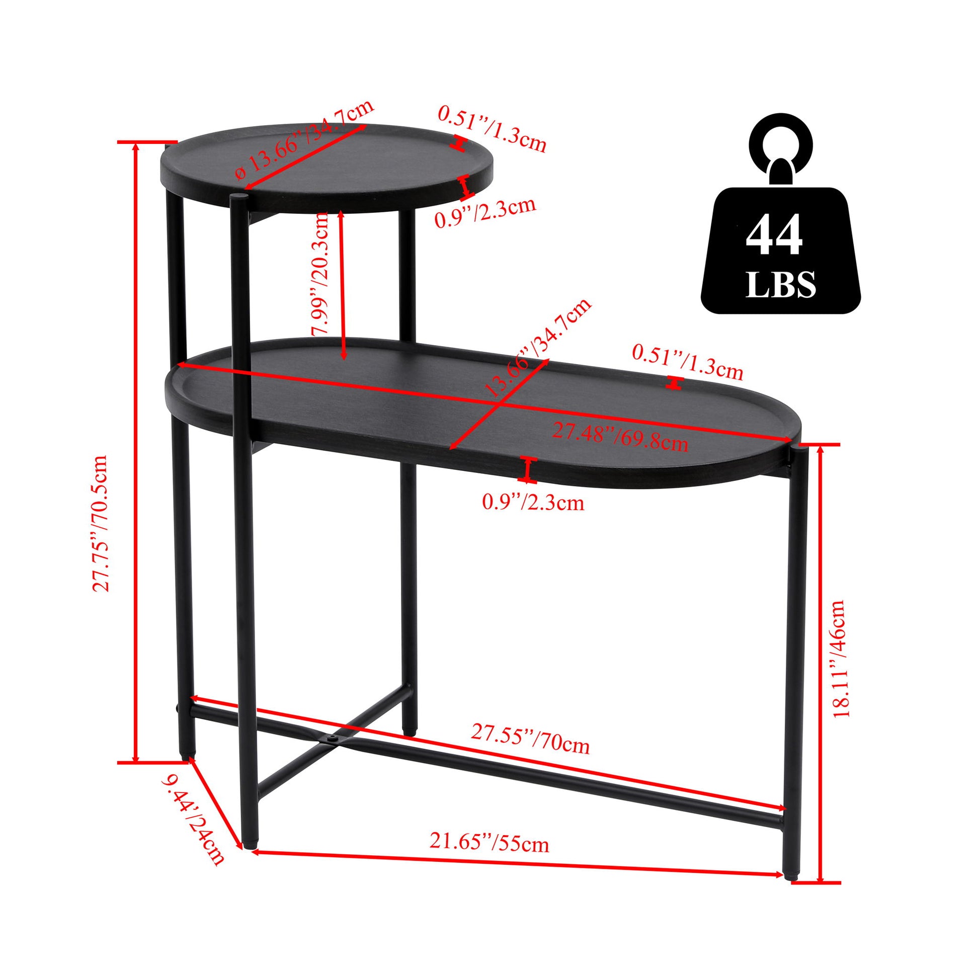 The Round Coffee Table With Storage Tray is a 2-tier oval end table for the living room, measuring 27.75" high; top shelf: 13.98" x 7.09", main shelf: 27.48" x 9.06", and supports up to 44 lbs.