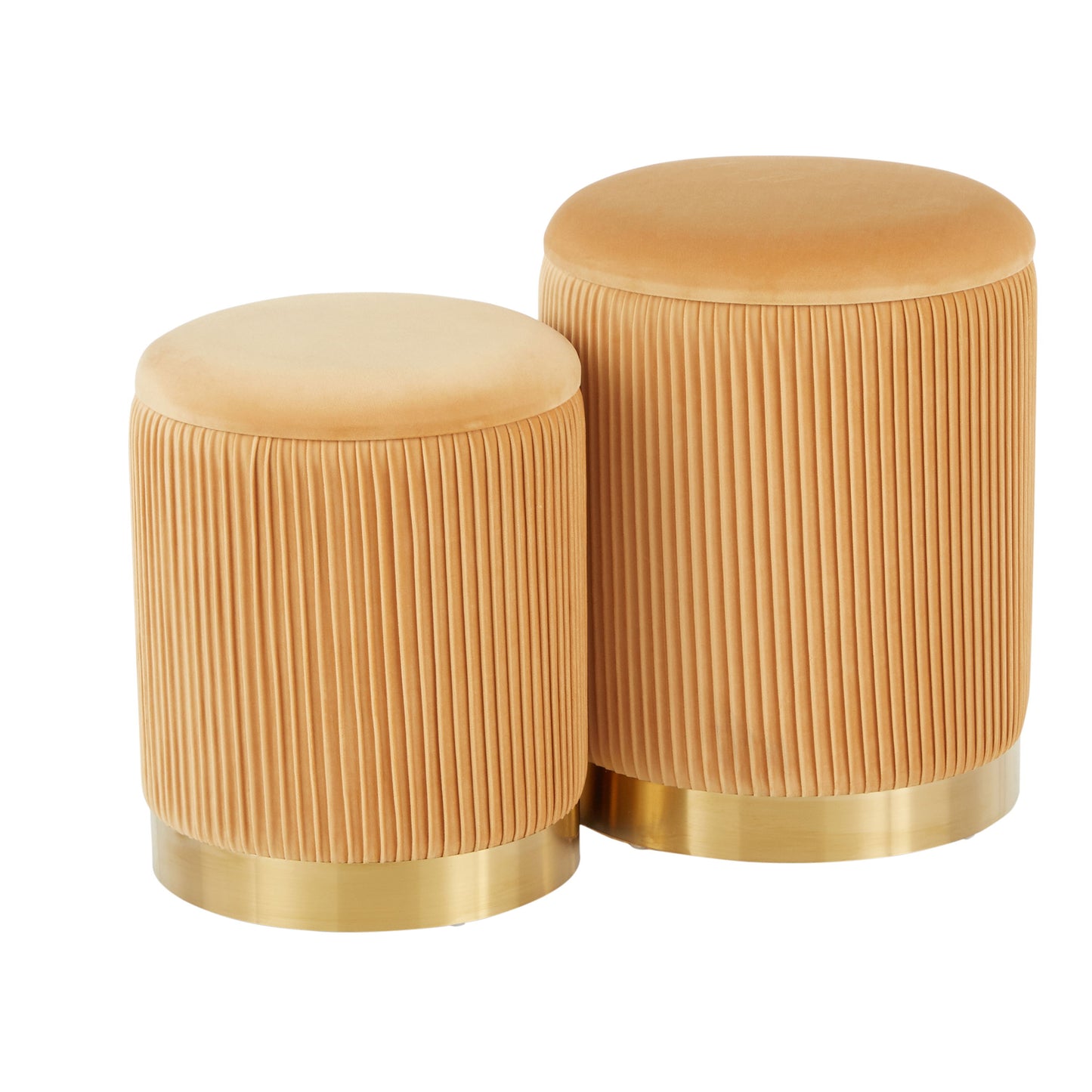 The Marla - Contemporary Nesting Pleated Ottoman Set includes two round tan-colored stools with pleated fabric sides, smooth tops, metallic bases, and one is slightly taller than the other.