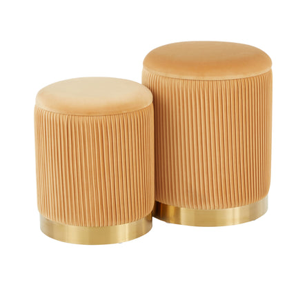 The Marla - Contemporary Nesting Pleated Ottoman Set includes two round tan-colored stools with pleated fabric sides, smooth tops, metallic bases, and one is slightly taller than the other.