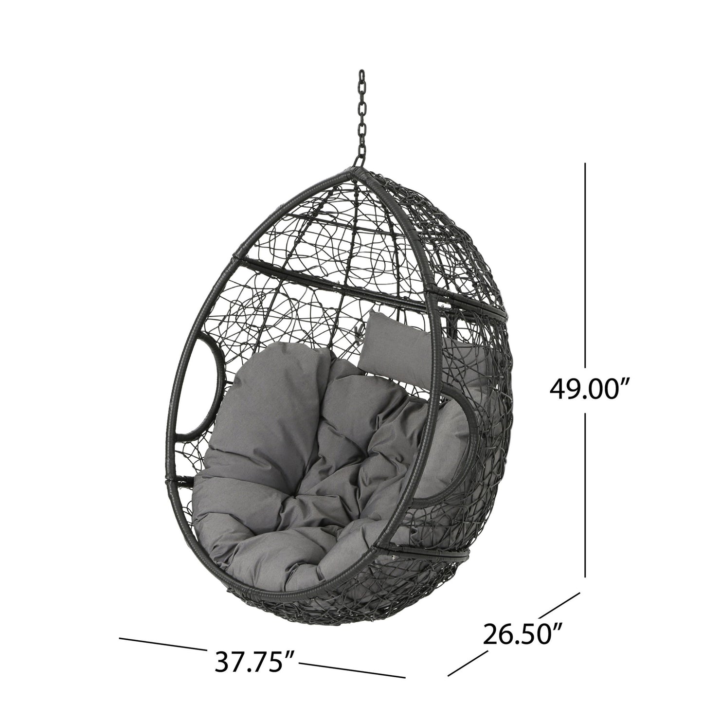 The Kylie Boho Style Hanging Basket Chair features a rattan frame, water-resistant gray cushions, and suspension chain. Measures 49"H x 37.75"W x 26.5"D. Perfect for stylish, comfortable relaxation indoors or out.