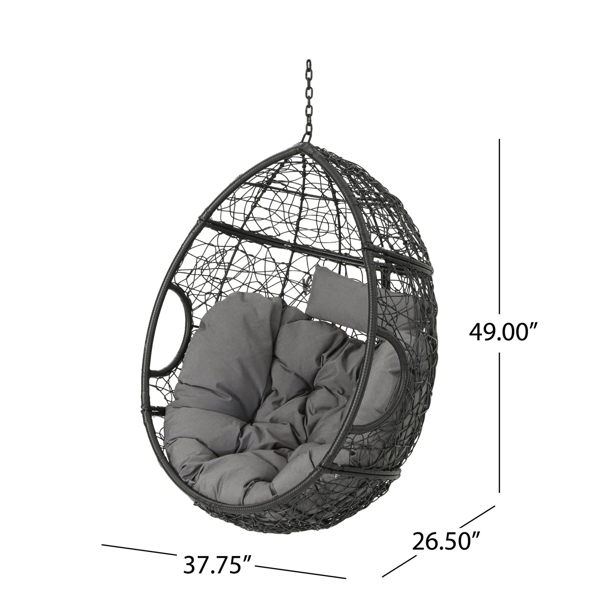 The Kylie Boho Style Hanging Basket Chair features a rattan frame, water-resistant gray cushions, and suspension chain. Measures 49"H x 37.75"W x 26.5"D. Perfect for stylish, comfortable relaxation indoors or out.