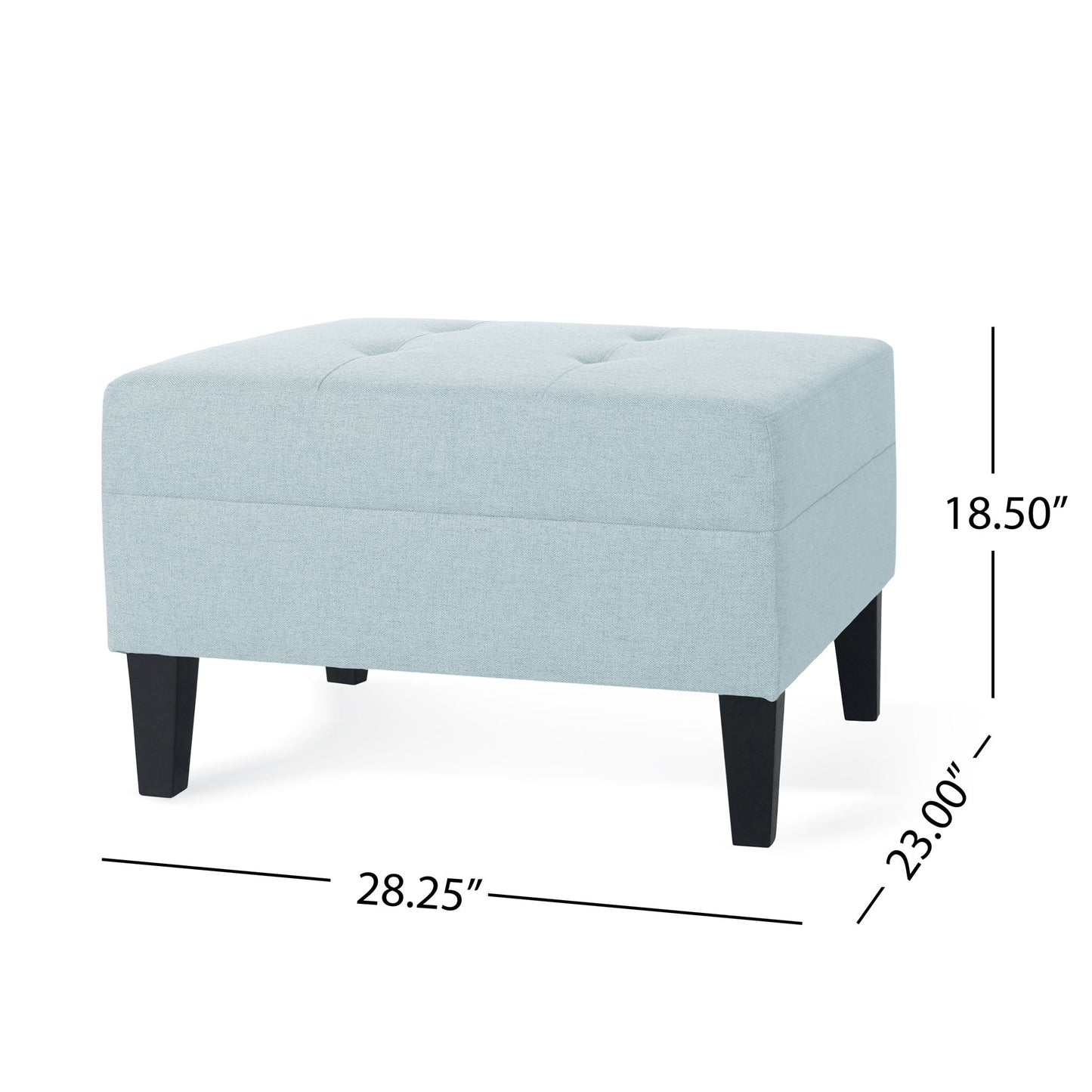Classic Ottoman With Birch Wood Legs And Fabric Upholstery in light blue features a tufted top, black birch wood legs, and measures 28.25"W x 23"D x 18.5"H.