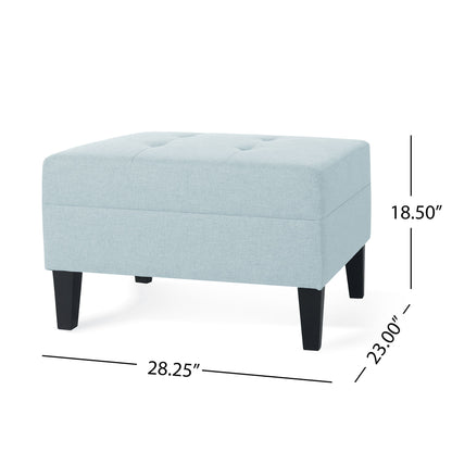 Classic Ottoman With Birch Wood Legs And Fabric Upholstery in light blue features a tufted top, black birch wood legs, and measures 28.25"W x 23"D x 18.5"H.