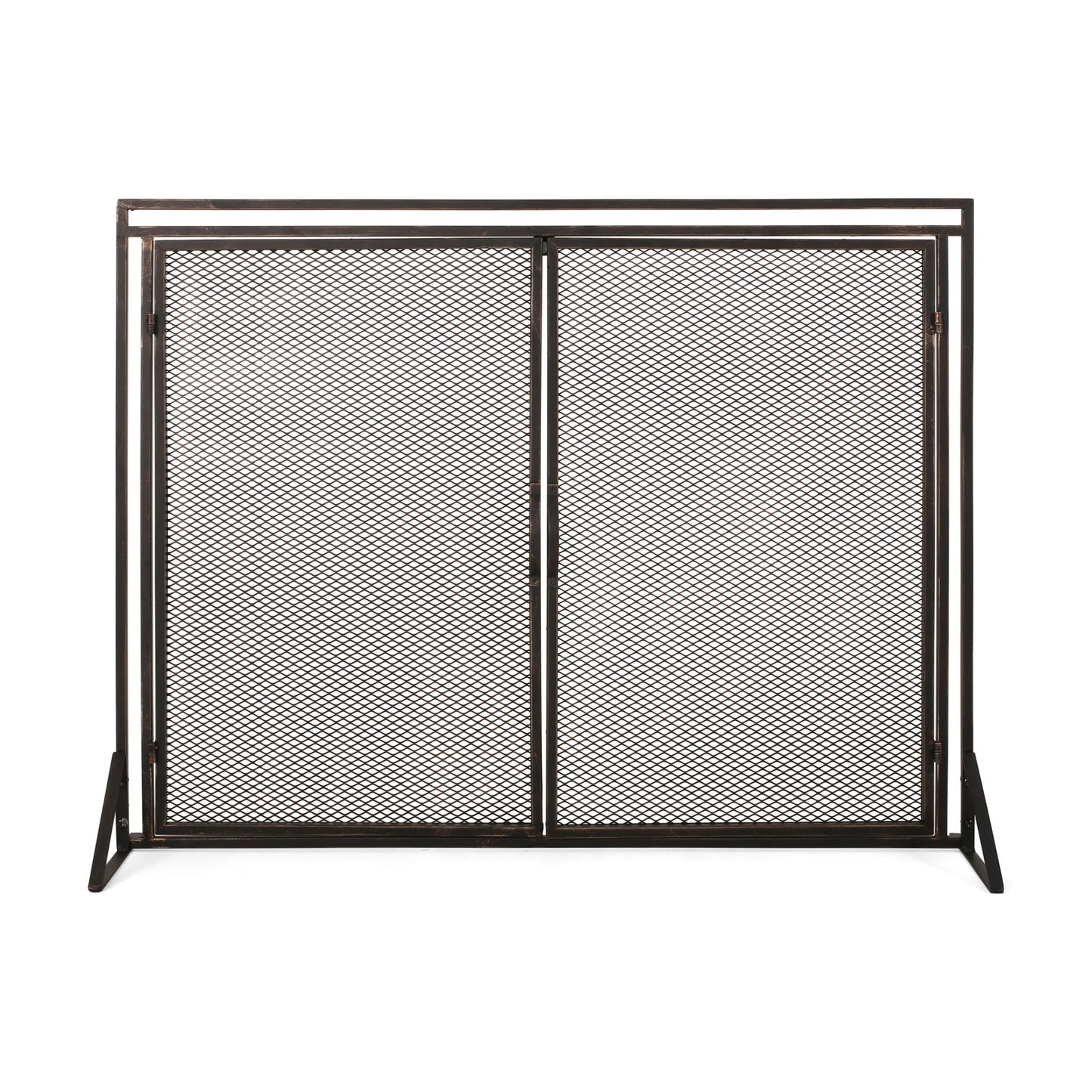 The Samantha Iron Fireplace Screen features a black metal mesh and two hinged doors, supported by angled side legs, displayed against a white background.