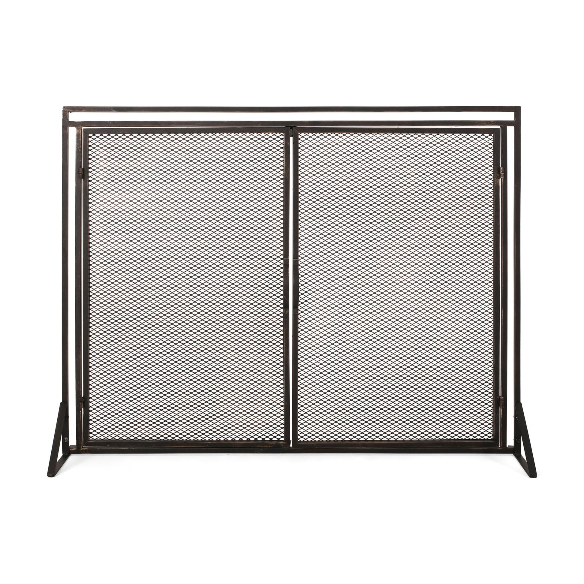 The Samantha Iron Fireplace Screen features a black metal mesh and two hinged doors, supported by angled side legs, displayed against a white background.