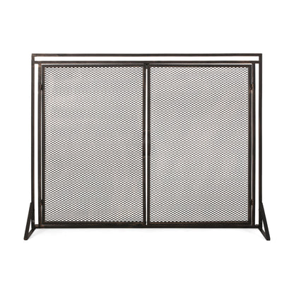 The Samantha Iron Fireplace Screen features a black metal mesh and two hinged doors, supported by angled side legs, displayed against a white background.
