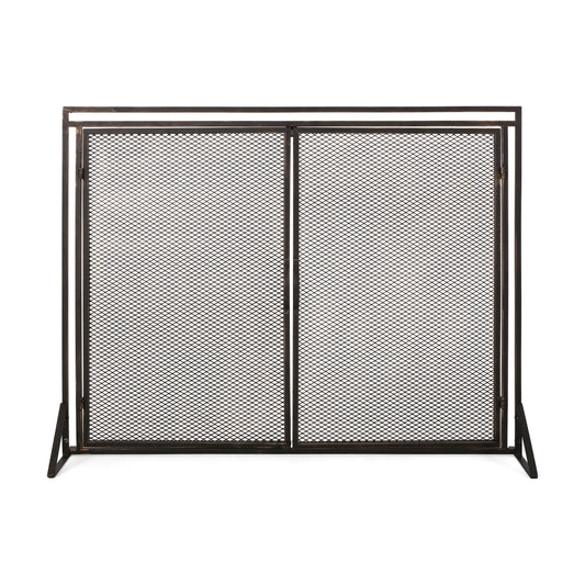 The Samantha Iron Fireplace Screen features a black metal mesh and two hinged doors, supported by angled side legs, displayed against a white background.
