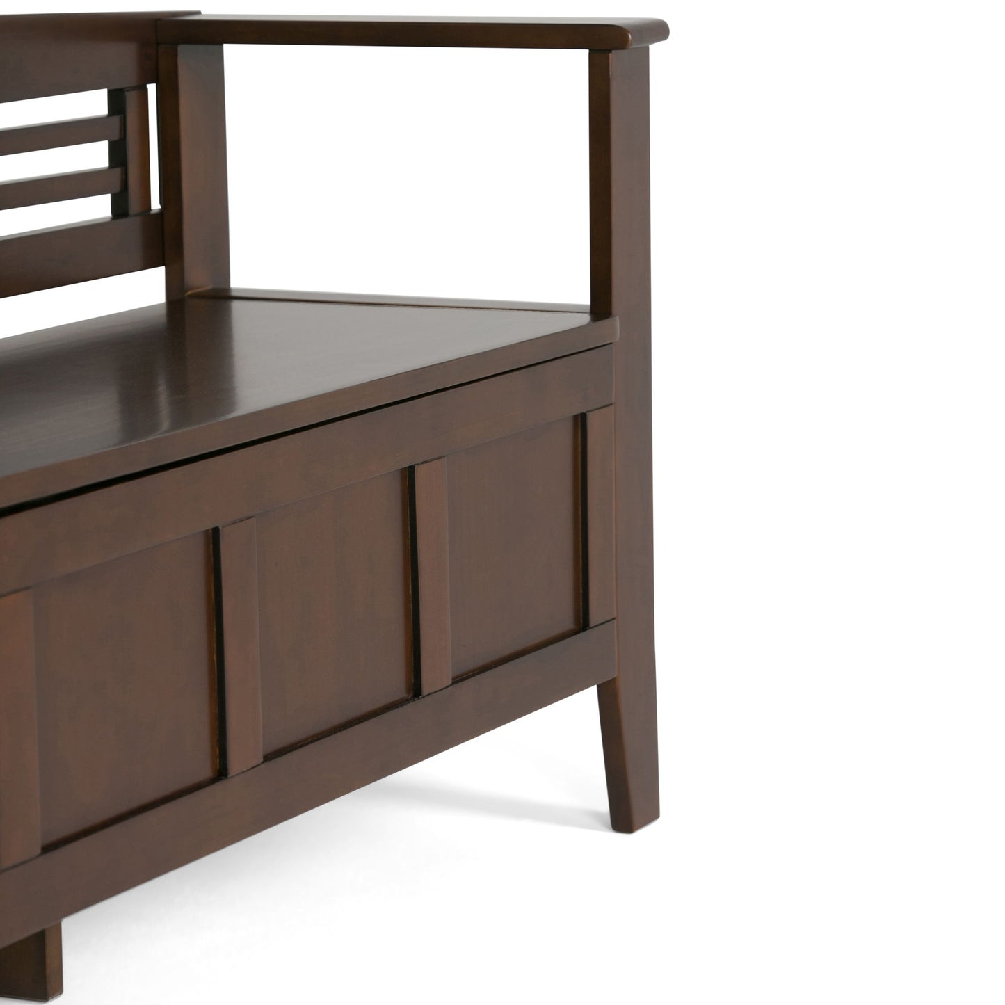 The Adams - Entryway Storage Bench Handcrafted is shown up close, highlighting its dark brown finish, vertical panel front details, and slatted backrest, all set against a white background.