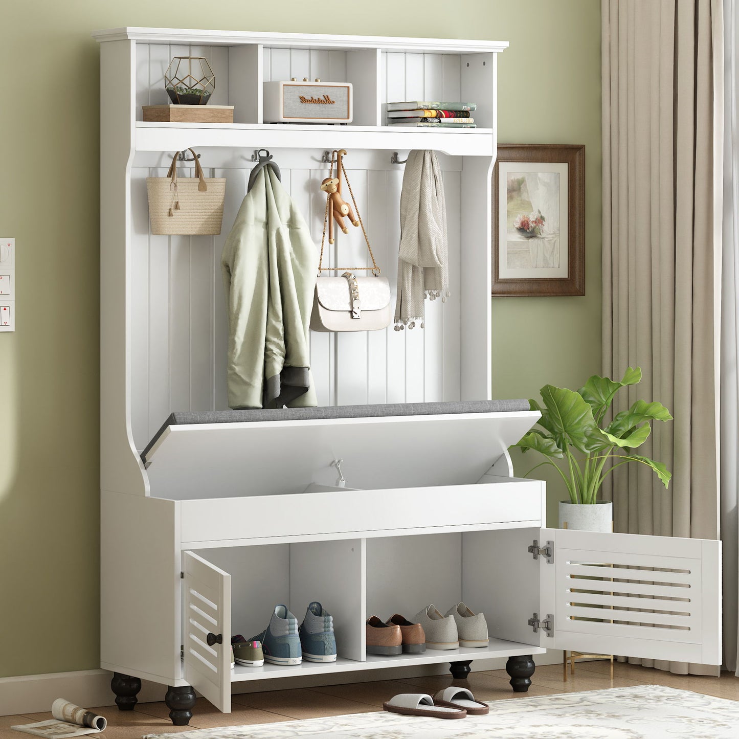 The 5 in 1 Entryway Bench features shutter-shaped doors, coat rack with 4 sturdy hooks for bags and coats, cushioned seat with lift-up storage, lower shoe cubbies, perfect for hallway organization and style.