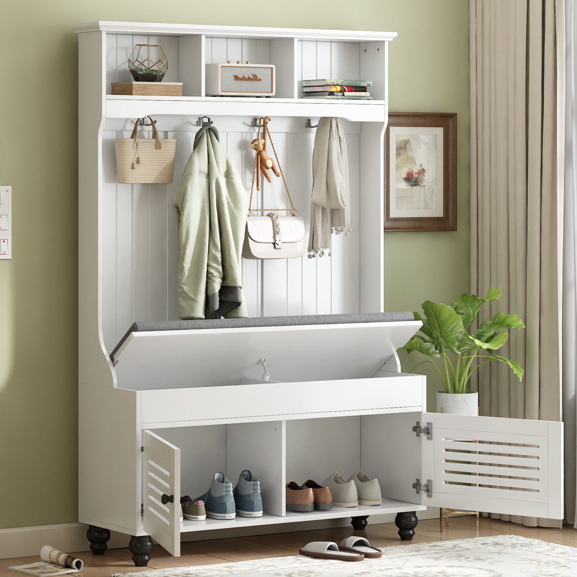 The 5 in 1 Entryway Bench features shutter-shaped doors, coat rack with 4 sturdy hooks for bags and coats, cushioned seat with lift-up storage, lower shoe cubbies, perfect for hallway organization and style.
