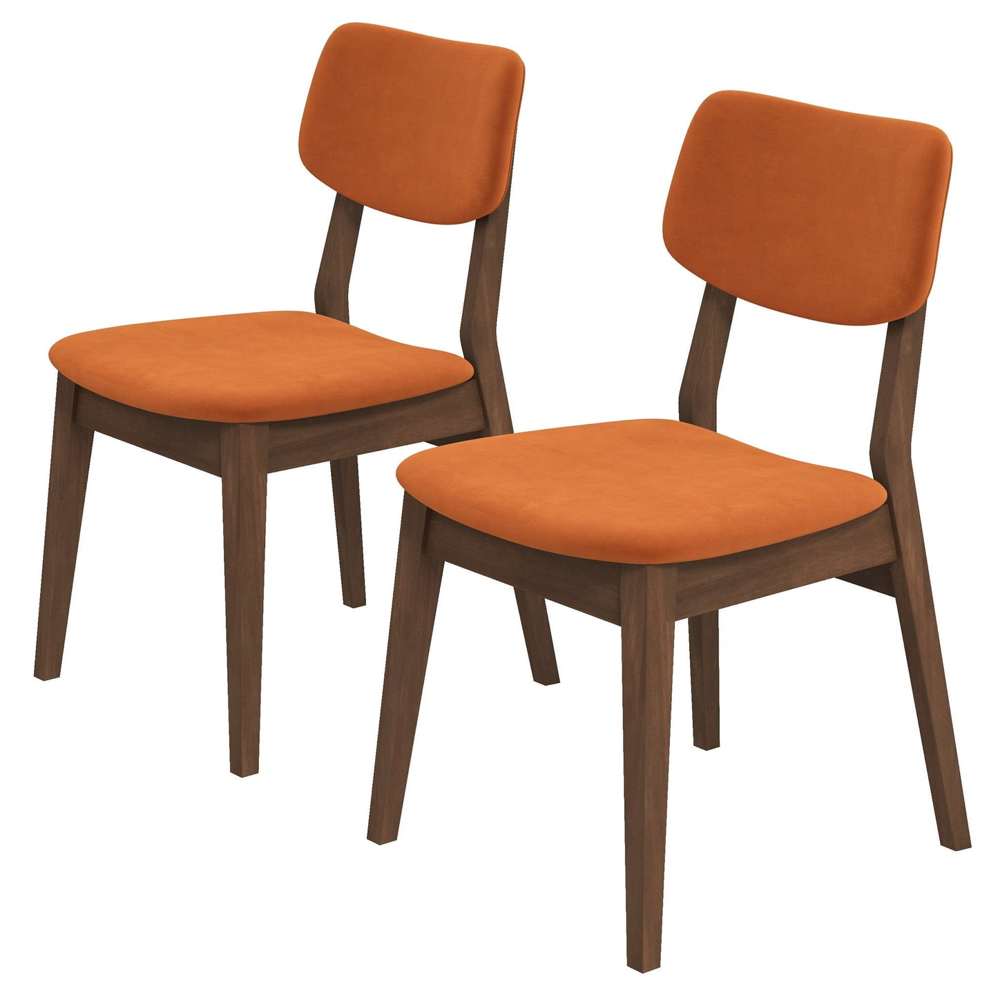 The Carlos Solid Back Side Chair (Set of 2) features wooden chairs with angled legs, orange upholstered seats, and matching cushioned backrests, displayed side by side against a white background.