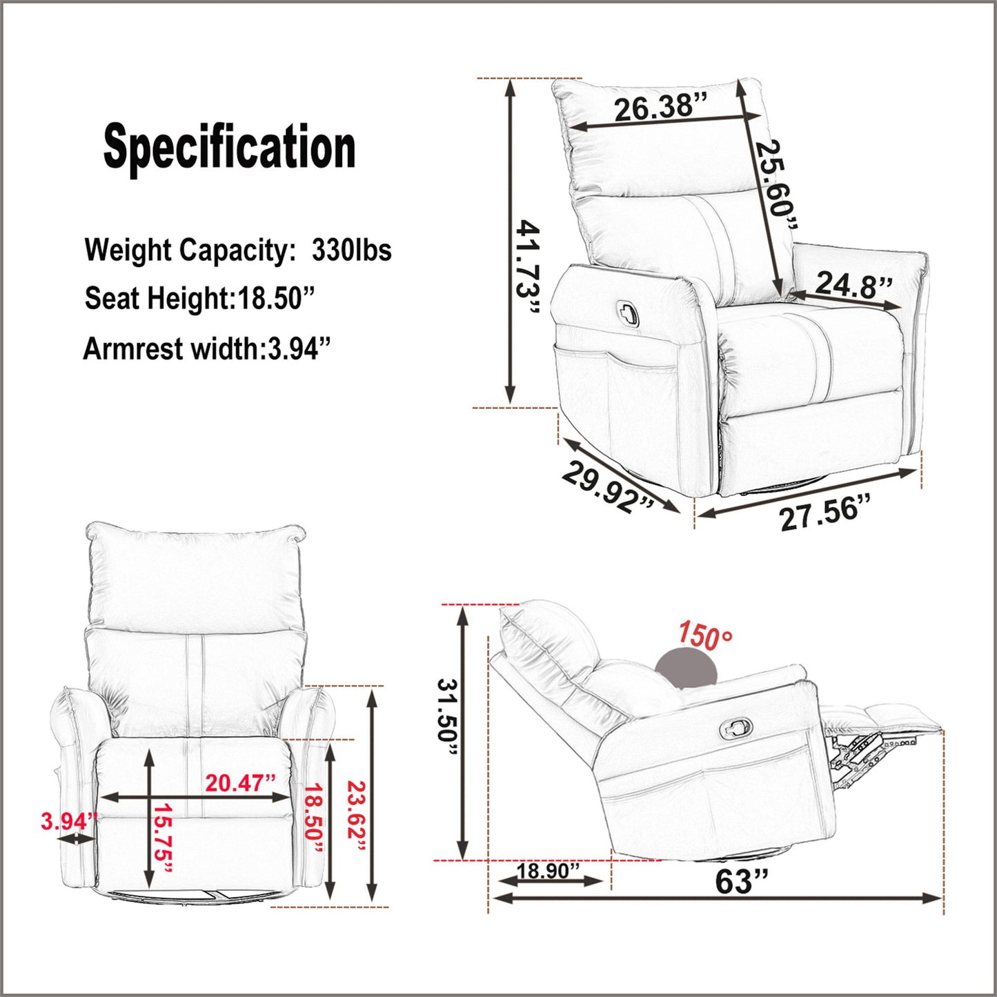 Line drawings of the 360° Modern Small Rocking Swivel Recliner Chair With Side Pocket show seat height 18.5", armrest width 3.94", seat depth 20.47", overall width 29.92", back height 41.73", reclined length 63", and a 150° recline angle.