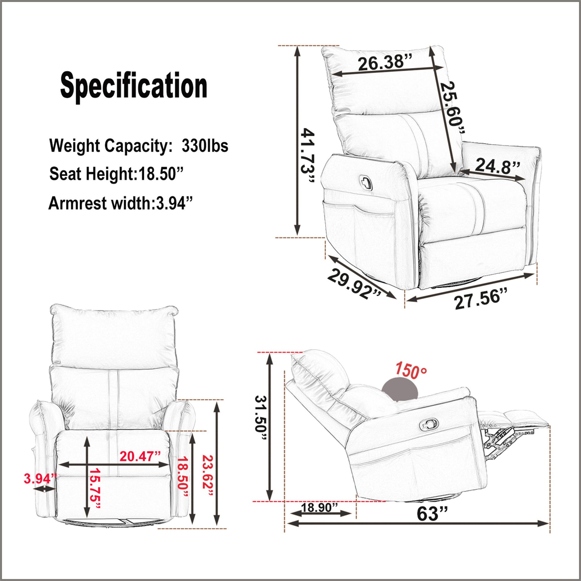Line drawings of the 360° Modern Small Rocking Swivel Recliner Chair With Side Pocket show seat height 18.5", armrest width 3.94", seat depth 20.47", overall width 29.92", back height 41.73", reclined length 63", and a 150° recline angle.