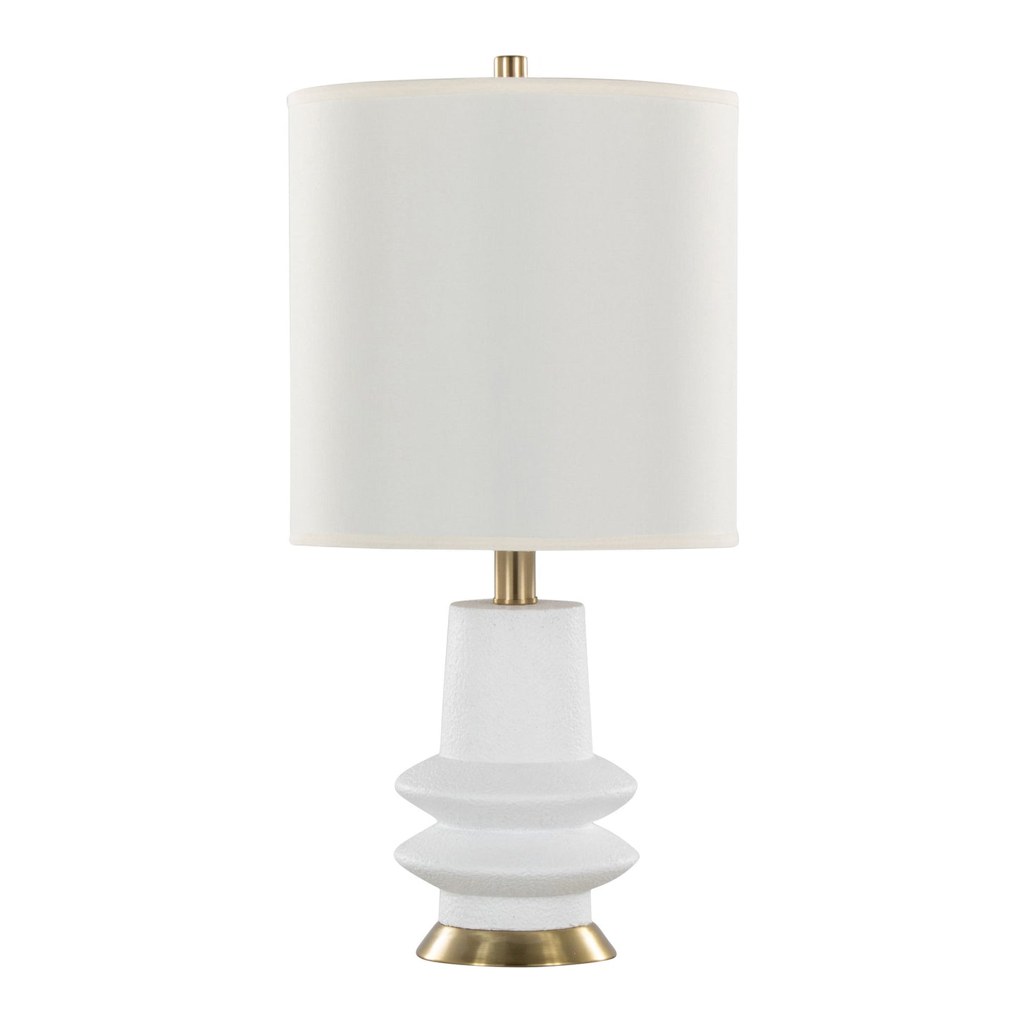 The Lloyd - Contemporary Table Lamp (Set of 2) features a white cylindrical lampshade, geometric white ceramic base, and gold accents for a modern look.
