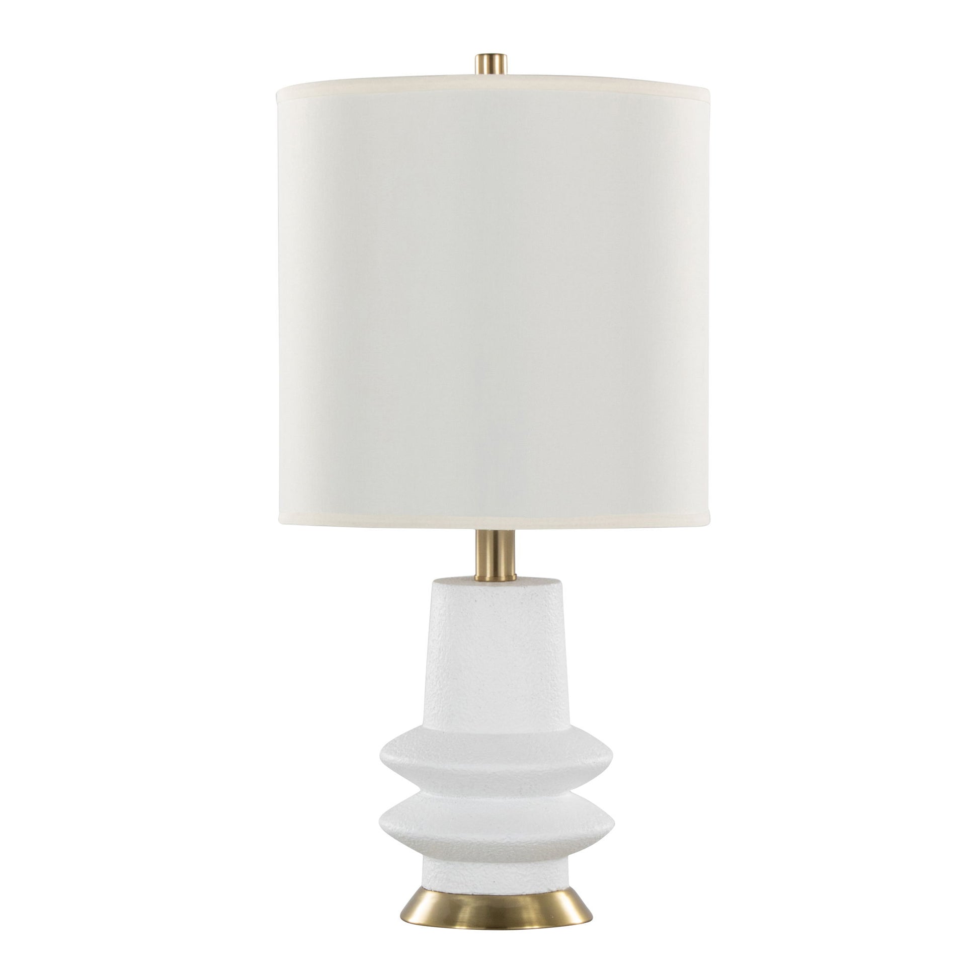 The Lloyd - Contemporary Table Lamp (Set of 2) features a white cylindrical lampshade, geometric white ceramic base, and gold accents for a modern look.