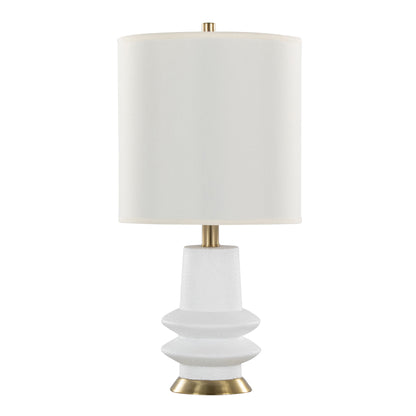The Lloyd - Contemporary Table Lamp (Set of 2) features a white cylindrical lampshade, geometric white ceramic base, and gold accents for a modern look.