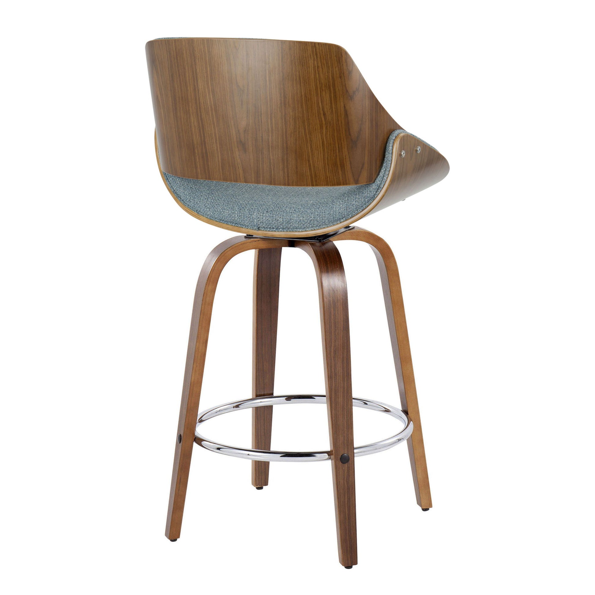 The Fabrizzi Mid Century Modern Fixed Height Counter Stool features a curved wooden backrest, light blue upholstered seat, wooden legs, and a round chrome footrest. Shown from behind. Set of 2; includes swivel functionality for added comfort.