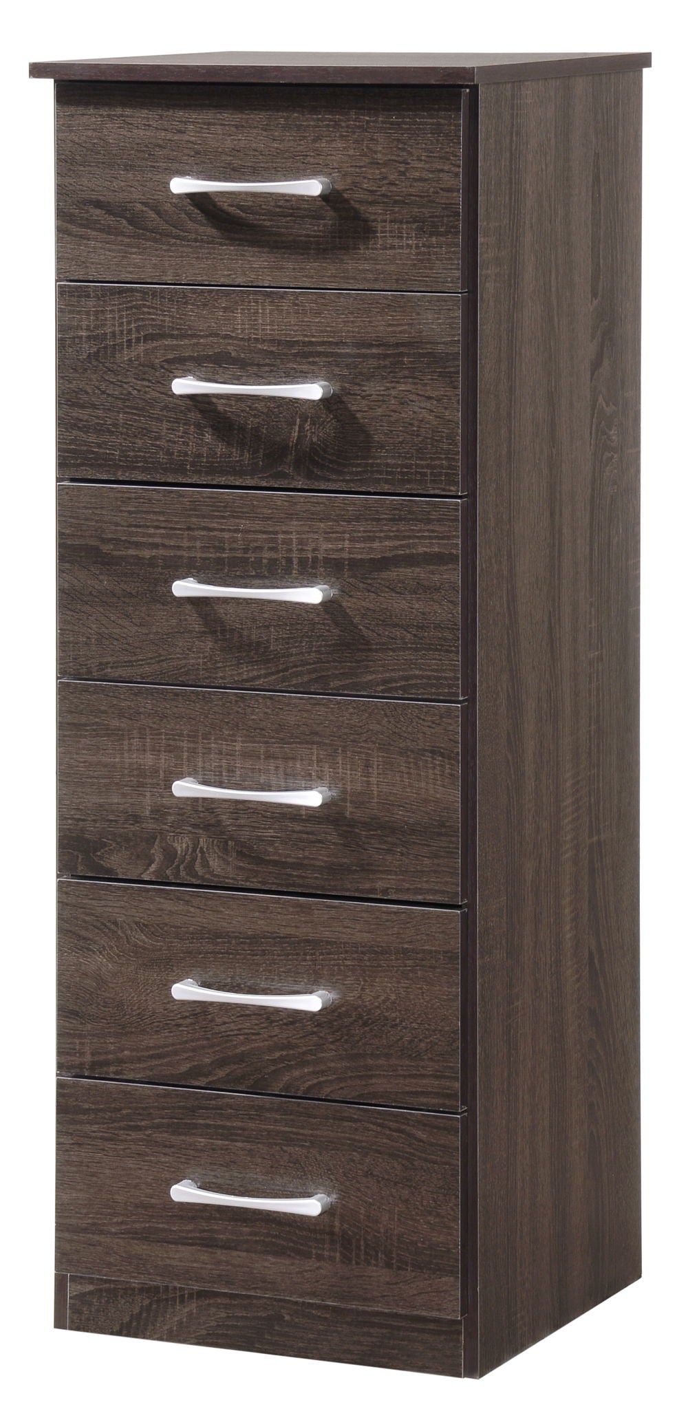 The Boston Lingerie Chest is a tall, dark brown wooden dresser with six drawers featuring silver horizontal handles and a simple, modern design.