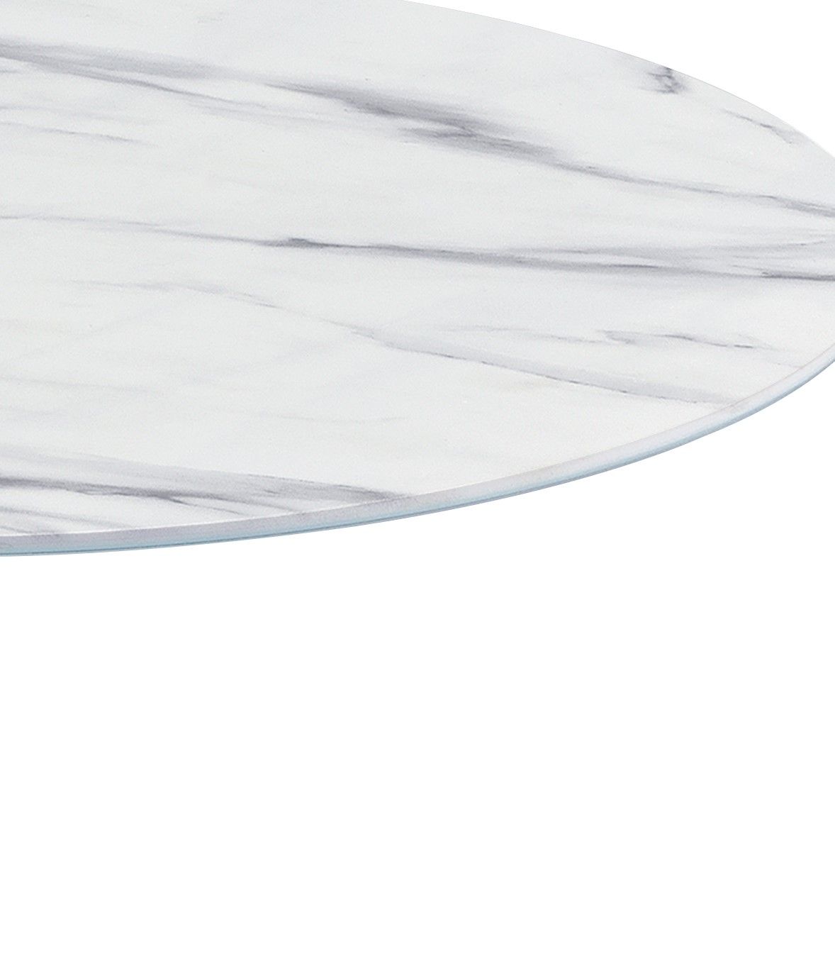 A close-up of the Circa 17.5" End Table shows its round, white marble textured top with subtle gray veining, set against a plain white background.