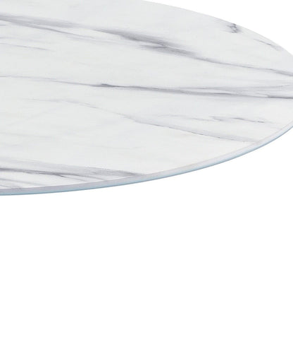 A close-up of the Circa 17.5" End Table shows its round, white marble textured top with subtle gray veining, set against a plain white background.