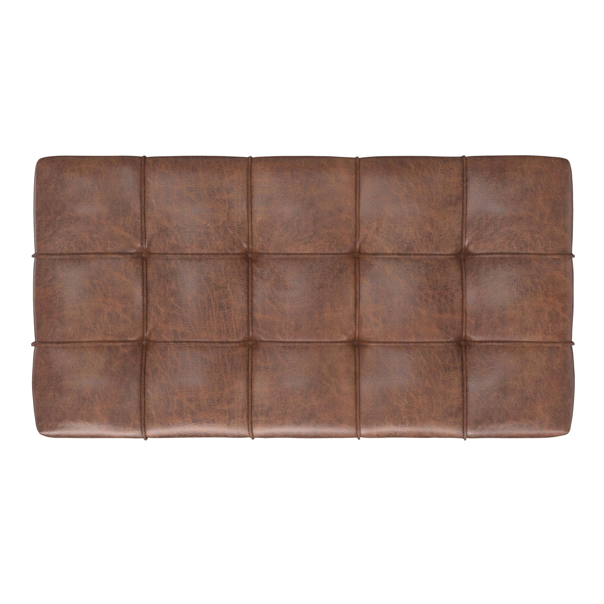 The Sienna Upholstered Storage Ottoman Bench features a rectangular brown leather cushion with a tufted grid pattern and visible stitching, shown from a top-down view against a white background.