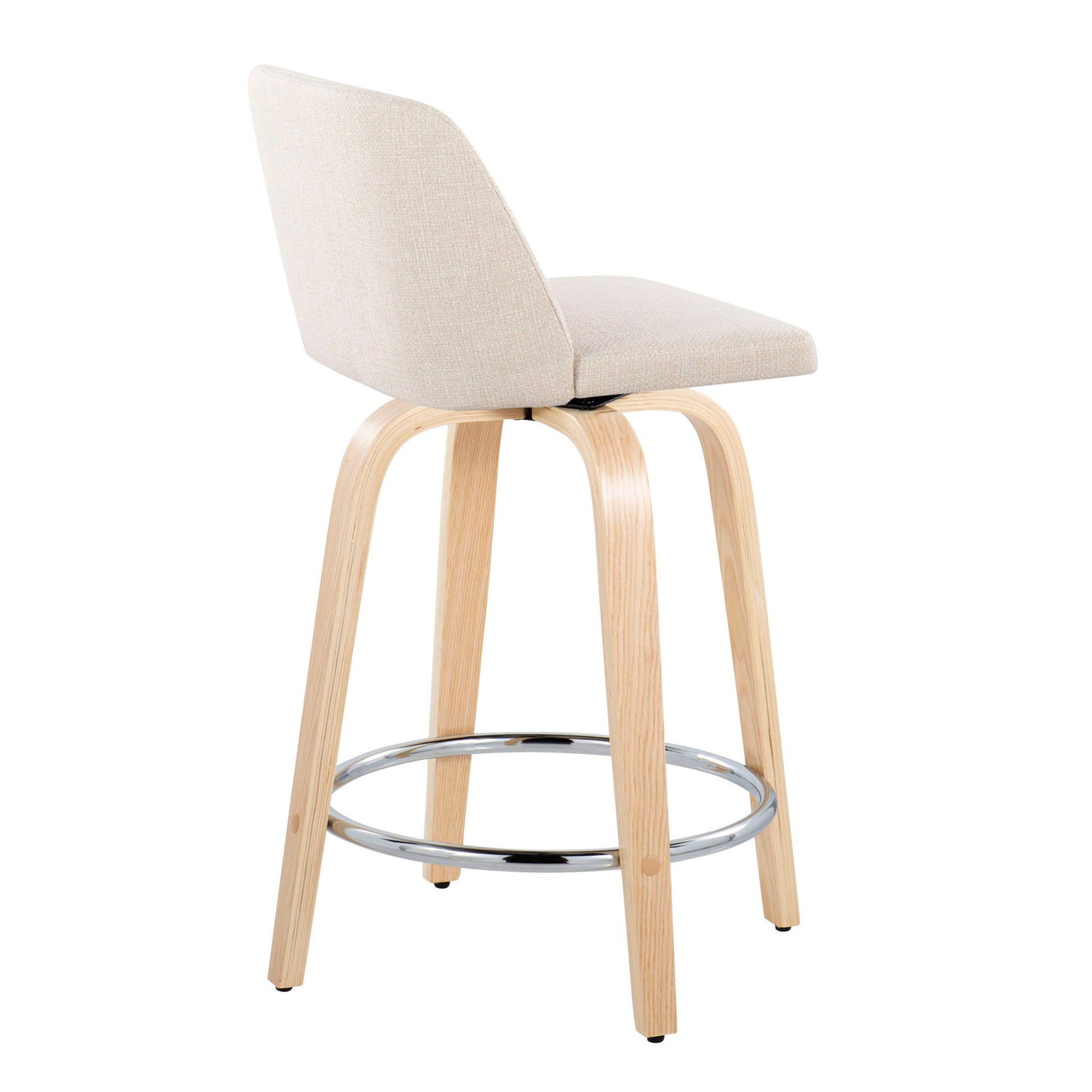 The Toriano Contemporary Fixed Height Counter Stool set features a swivel seat and backrest upholstered in light beige, curved light wood legs, and a round chrome footrest, shown against a white background. Set of 2.