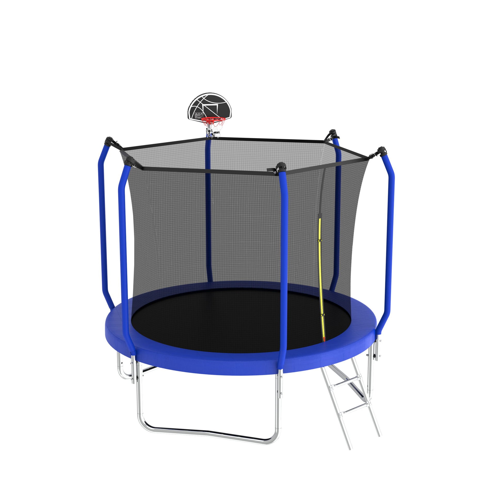 The Trampoline With Basketball Hoop is a round blue trampoline featuring an ASTM-approved reinforced design, a black safety net, a small basketball hoop attached to the net, and a metal ladder for easy access.
