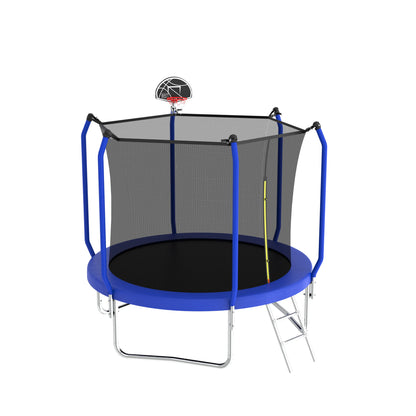 The Trampoline With Basketball Hoop is a round blue trampoline featuring an ASTM-approved reinforced design, a black safety net, a small basketball hoop attached to the net, and a metal ladder for easy access.