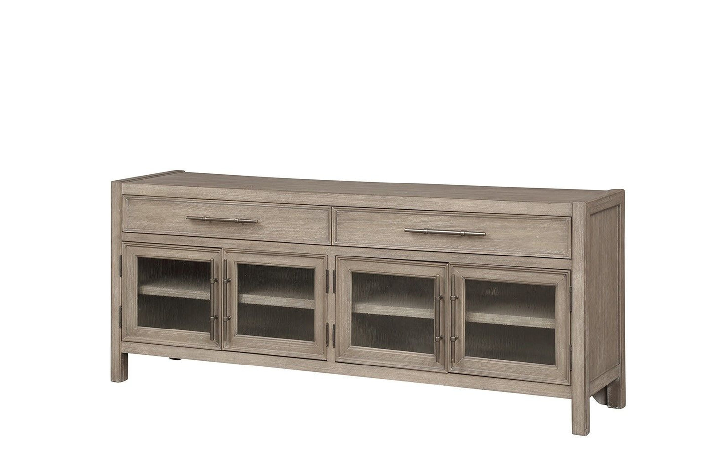 The Couch.com Cypress Lane TV Stand Console in white oak features light brown wood construction, two upper drawers, four lower glass-paneled cabinet doors with metal handles, and interior shelving, set against a white background.