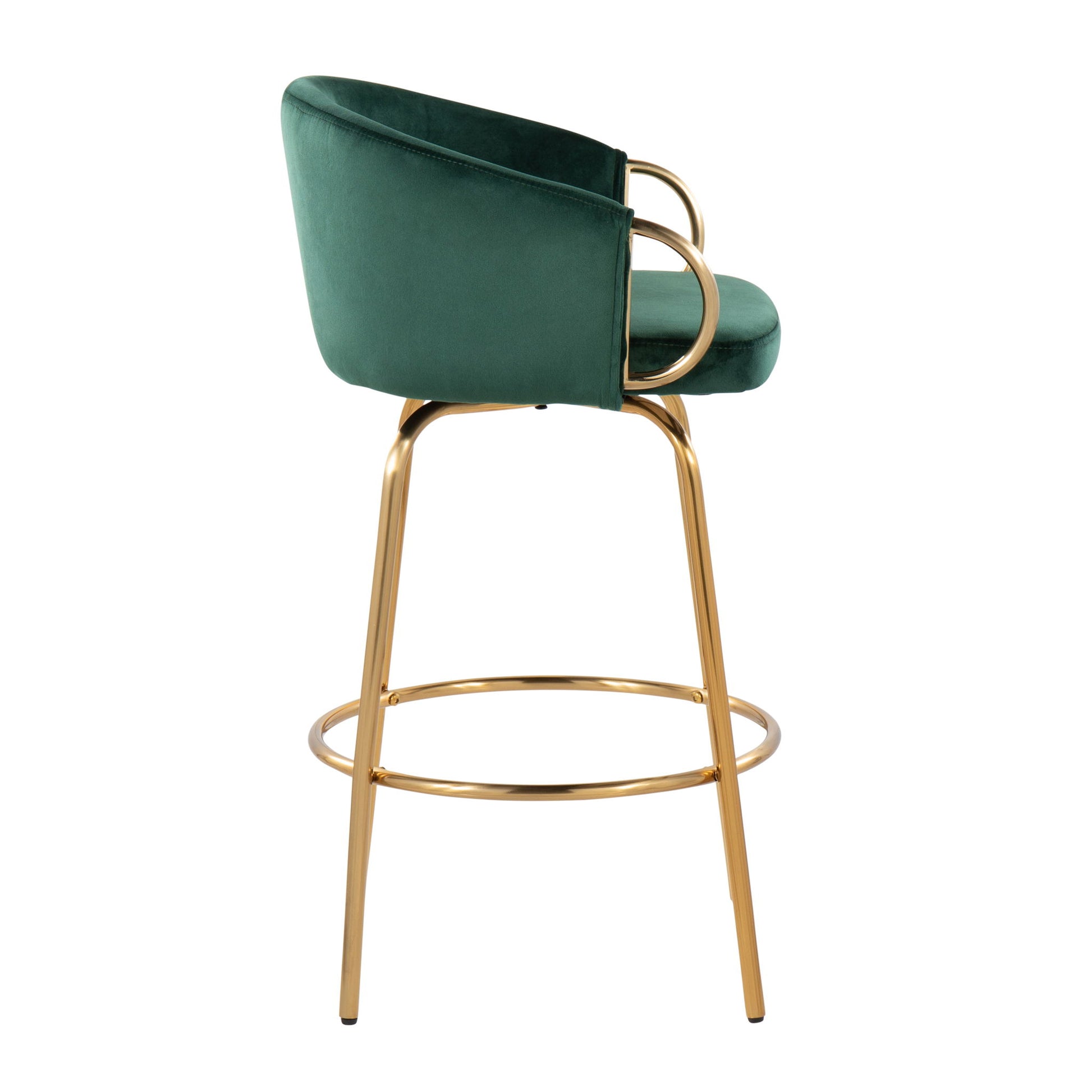 The Claire - Contemporary & Glam Counter Stool (Set of 2) features a sleek green upholstered seat and back, curved gold metal armrests and legs, plus a round footrest for modern style.