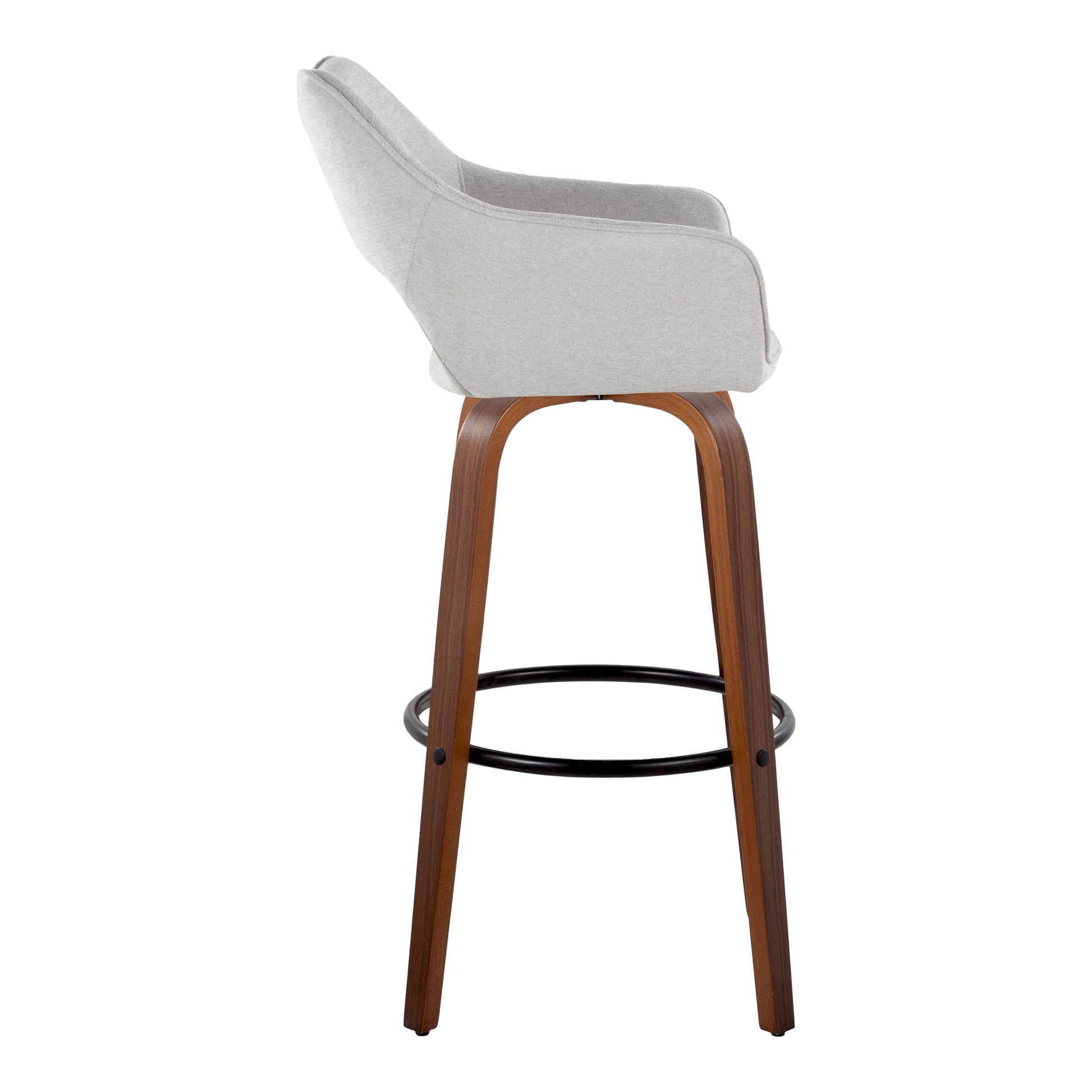 The Mustang Barstool set features a contemporary design with light gray cushioned seats, curved backrests, wooden legs, and round black metal footrests. Shown from the side against a white background. Set of 2 with fixed height and swivel function.