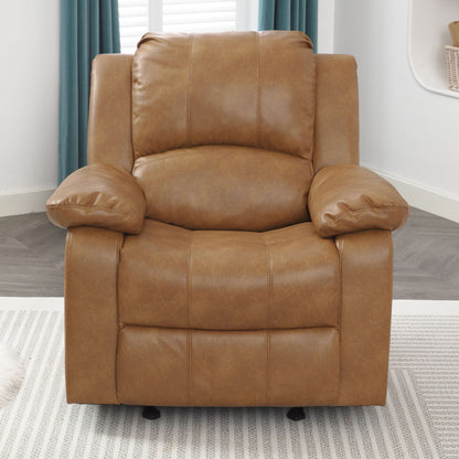 The Charlotte Glider Recliner With Classic Style, featuring plush cushions and wide armrests, sits on a light striped rug in a modern living room with blue curtains and a white wall in the background.