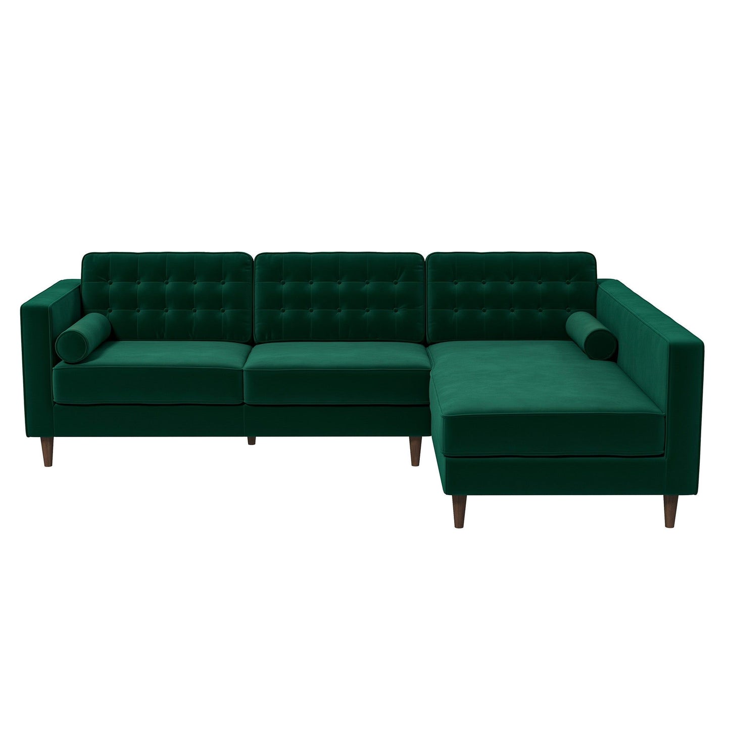 The Christian Mid-Century Modern Design Sectional Sofa features an emerald green finish, tufted back cushions, square arms, wooden legs, a right-side chaise, and includes two cylindrical bolster pillows.