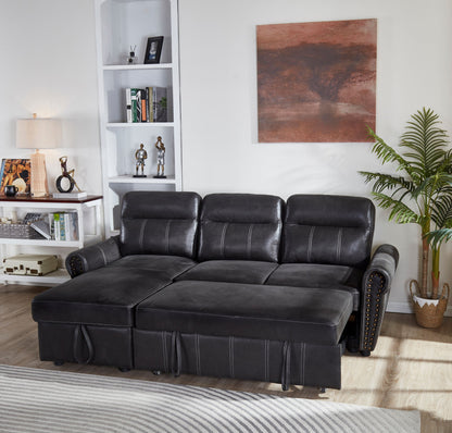 A modern living room featuring the Comfort Sectional Sofa Bed in black leather, a white bookshelf with decor, potted plant, table lamp, wall art of a brown tree, light wood floors, and a striped rug.