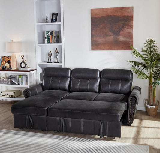 A modern living room featuring the Comfort Sectional Sofa Bed in black leather, a white bookshelf with decor, potted plant, table lamp, wall art of a brown tree, light wood floors, and a striped rug.
