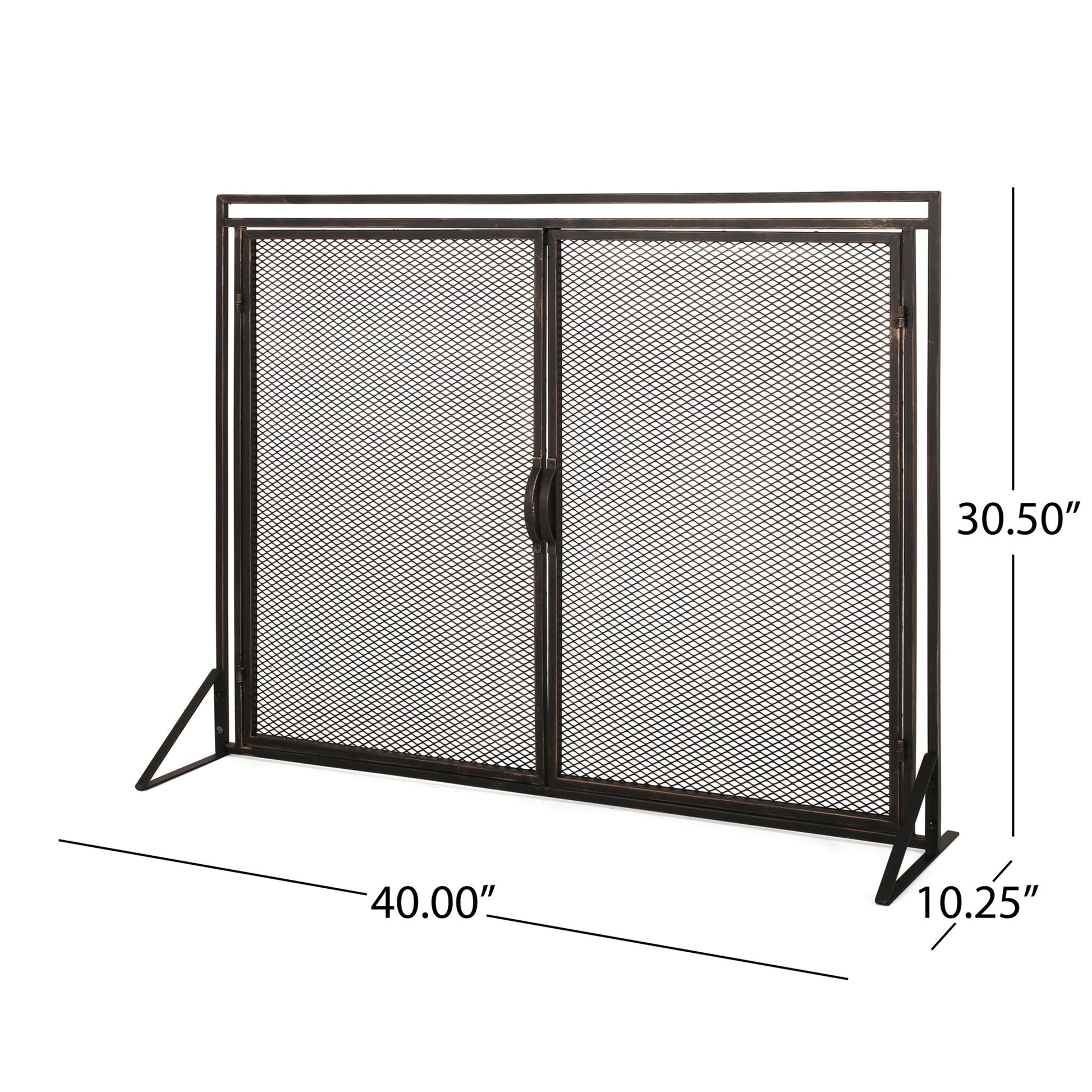 The Samantha Iron Fireplace Screen features a 2-door design, central handle, and angled side supports. Dimensions: 40"W x 30.5"H x 10.25"D.