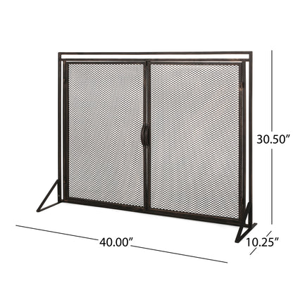 The Samantha Iron Fireplace Screen features a 2-door design, central handle, and angled side supports. Dimensions: 40"W x 30.5"H x 10.25"D.