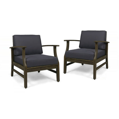 Two Perla Contemporary Club Chairs with water-resistant dark gray cushions and wooden frames, positioned side by side on a white background.