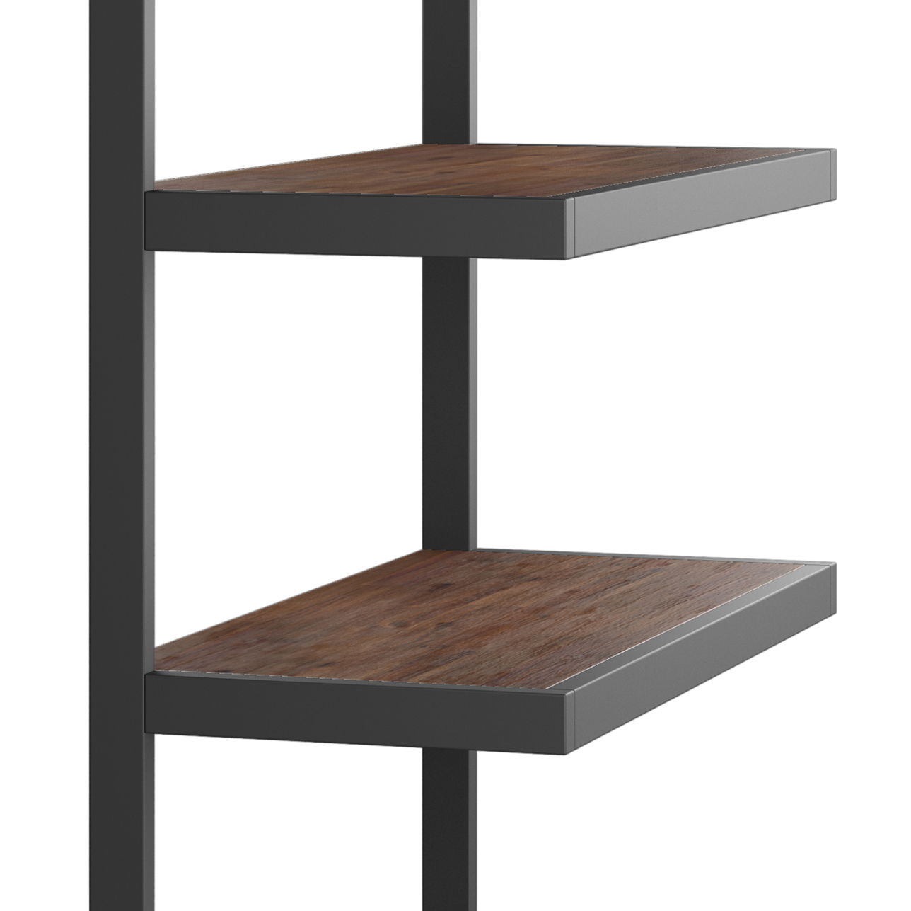 Close-up view of the Erina - Handcrafted Bookcase featuring two wooden shelves with dark metal frames attached to a vertical metal support, shown against a white background.