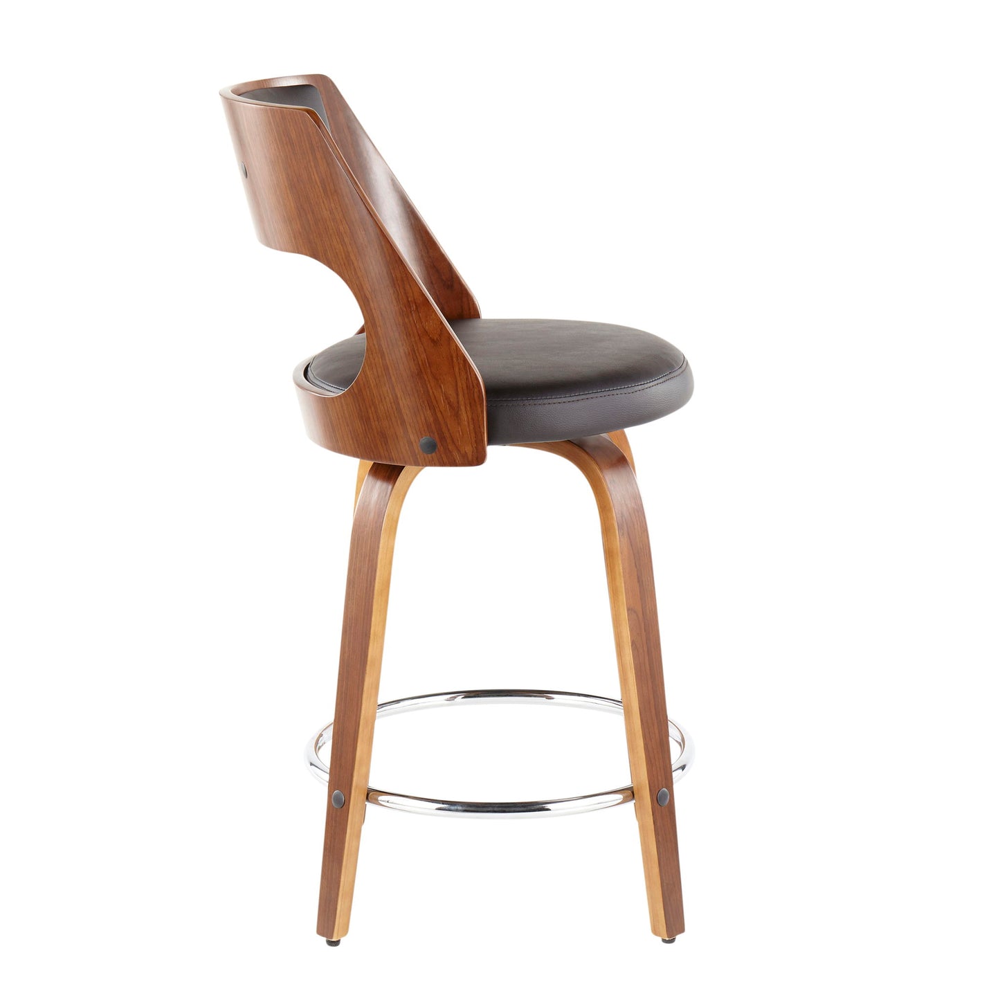 The Cecina Mid-Century Modern Fixed Height Counter Stool features a curved backrest, black cushioned seat, angled wooden legs, and a round chrome footrest. Set of 2 shown against a white background.